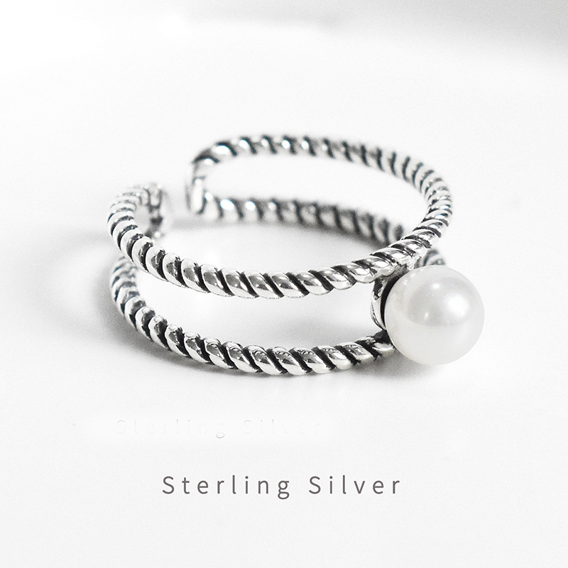 s925纯银复古做旧麻花双层线条珍珠指环韩国东大门个性女戒指饰品|ms