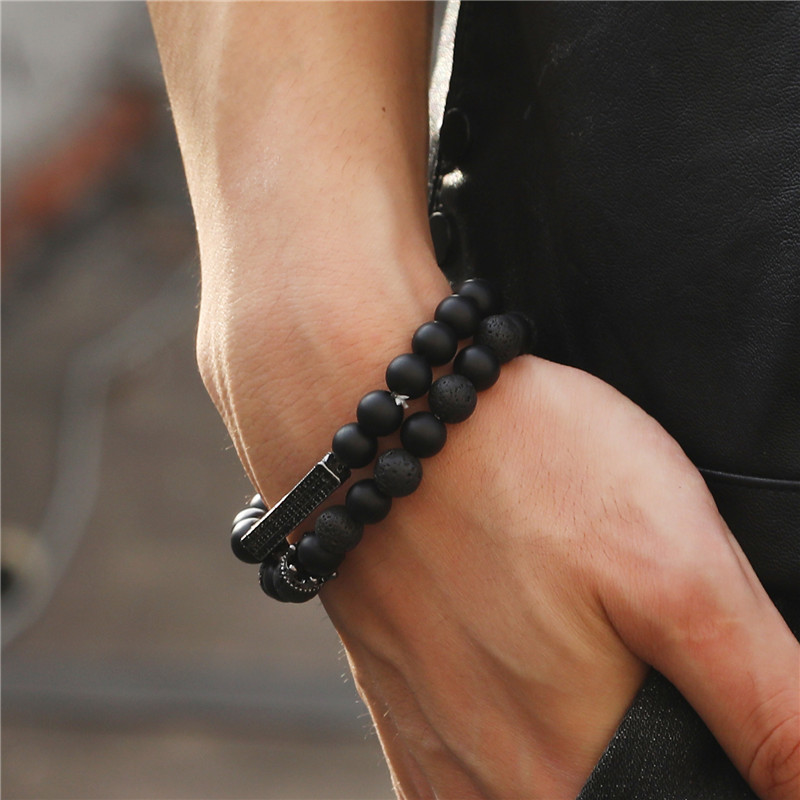 Fashion Natural Stone Black Frosted Lava Mixed Crown Long Stretch Bracelet Set display picture 3