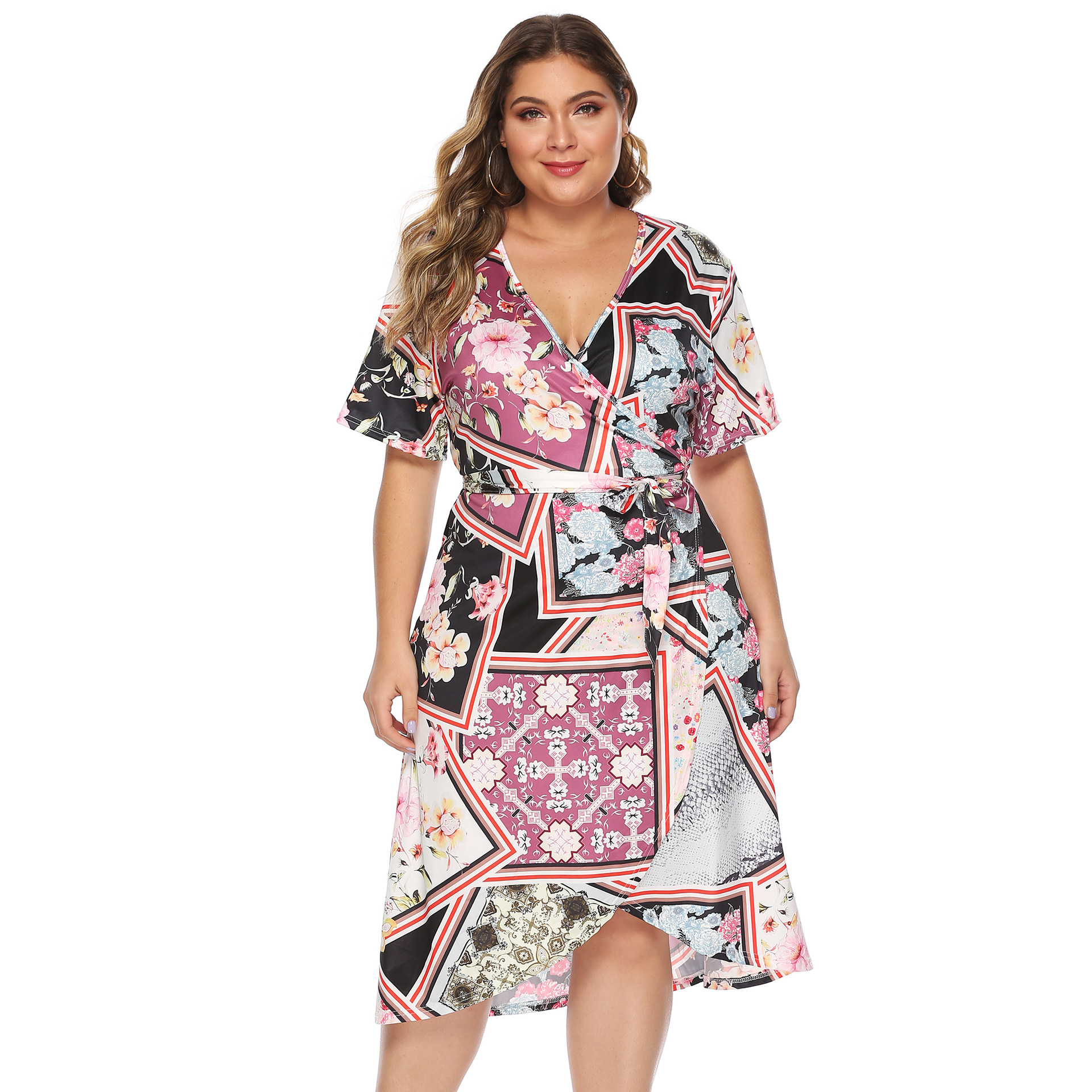 plus size deep V short-sleeved lace-up flower print dress NSOY125567