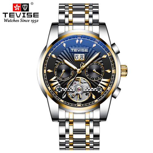 Swiss TEVISE Fashion Business Men's Mechanical Watch, Waterproof Tourbillon Steel Strap Watch, Multi-functional Men's Watch