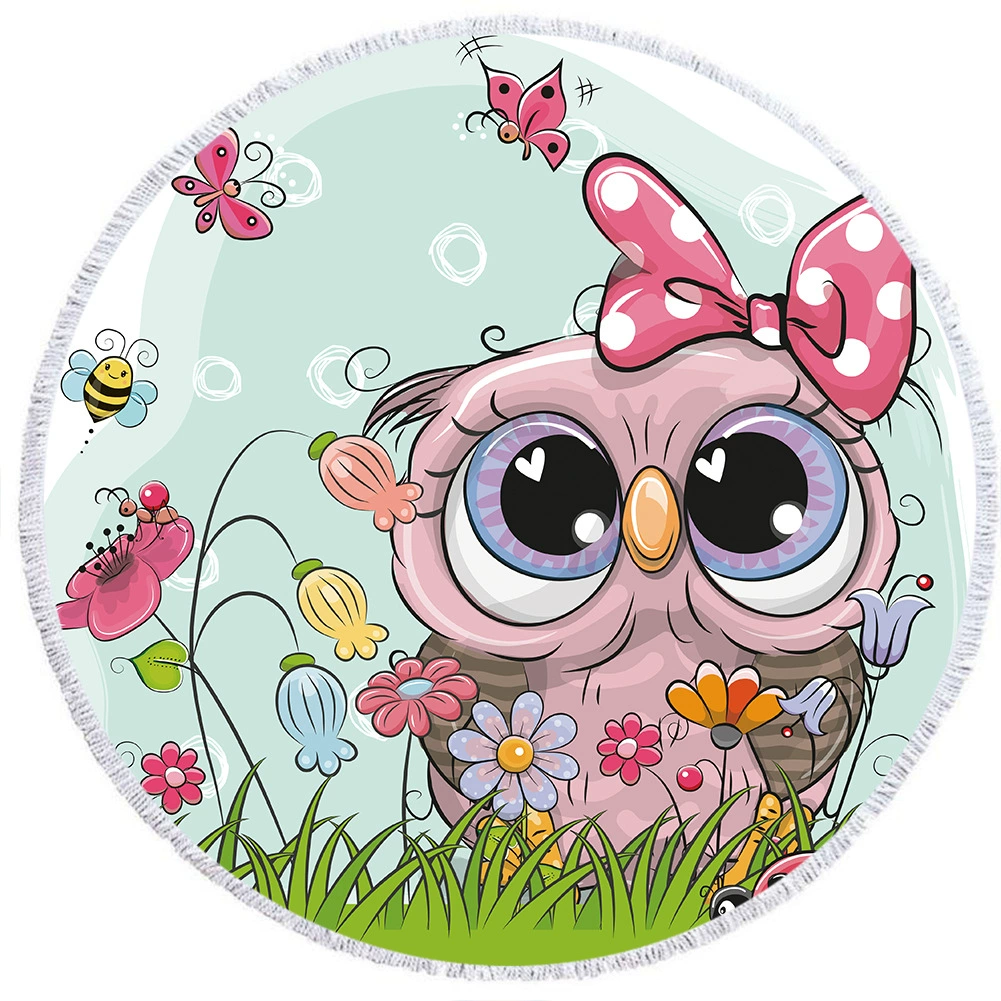 Вышитые трансграничные европейские и американские негабаритные круглые печатные пляжные полотенца с кисточками Коврик для йоги шаль милая сова