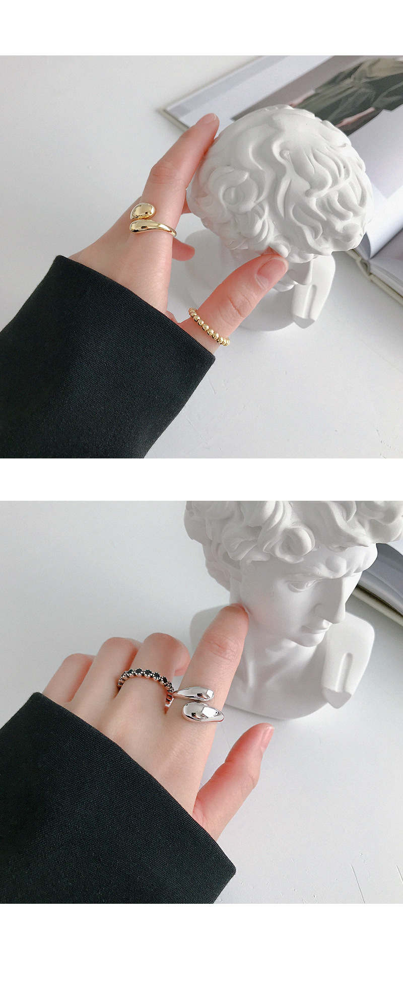 Jt307 Korean Style S925 Sterling Silver Ring Cold Style Minimalist Glossy Water Drop Open-End Ring f