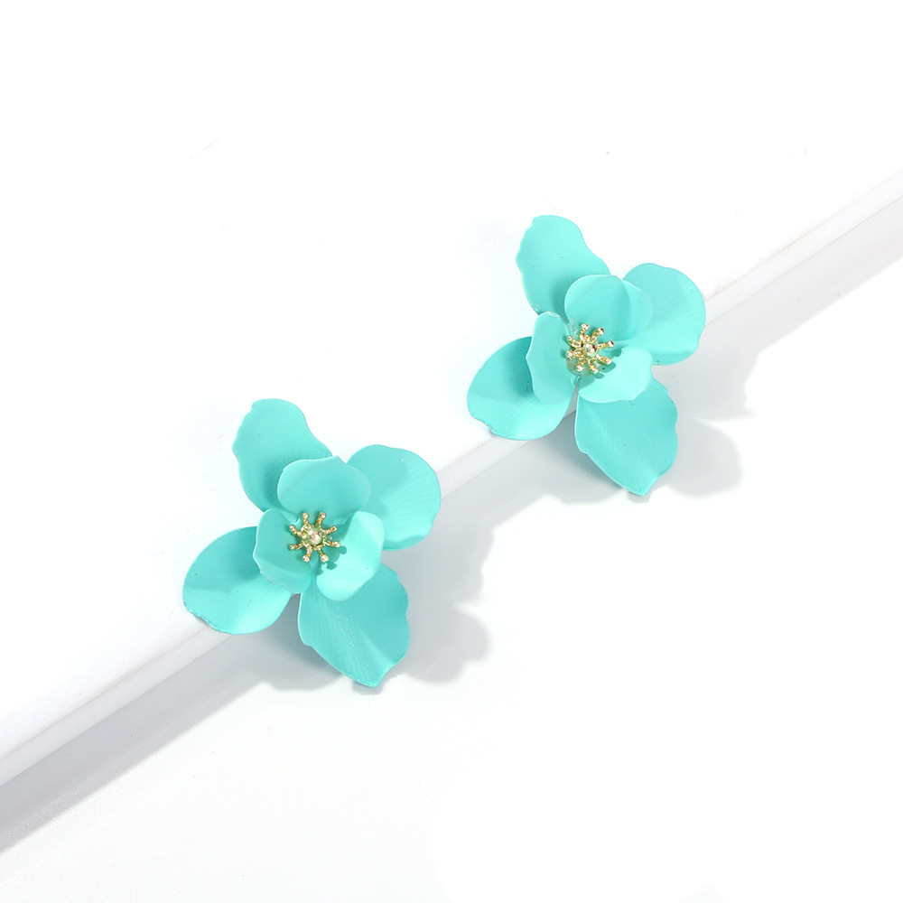 New Fashion Double Petal Alloy Earrings Pop Fluorescent Earrings Wholesale display picture 3