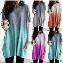 2019亚马逊 速卖通秋款爆款欧美渐变色长袖休闲口袋T恤衫上衣女装