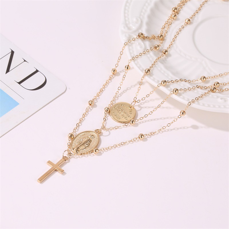 New Necklace Metal Three-layer Alphabet Christian Jesus Pendant Necklace Multilayer Cross Necklace Wholesale Nihaojewelry display picture 4