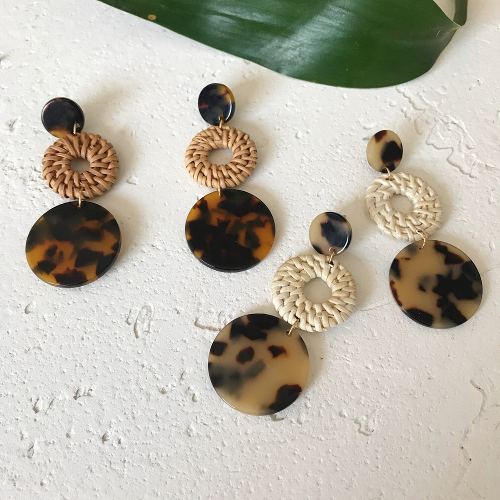 18g Weight Alloy Ear Needle Material Drop Earrings Classification 1 Pair Quantity Daily Occasion Acrylic, Rattan Material Leopard Pattern Women'S Gender Retro Style Handmade Craft 1 Pair Retro Leopard Handmade Arylic Rattan Drop Earrings 8