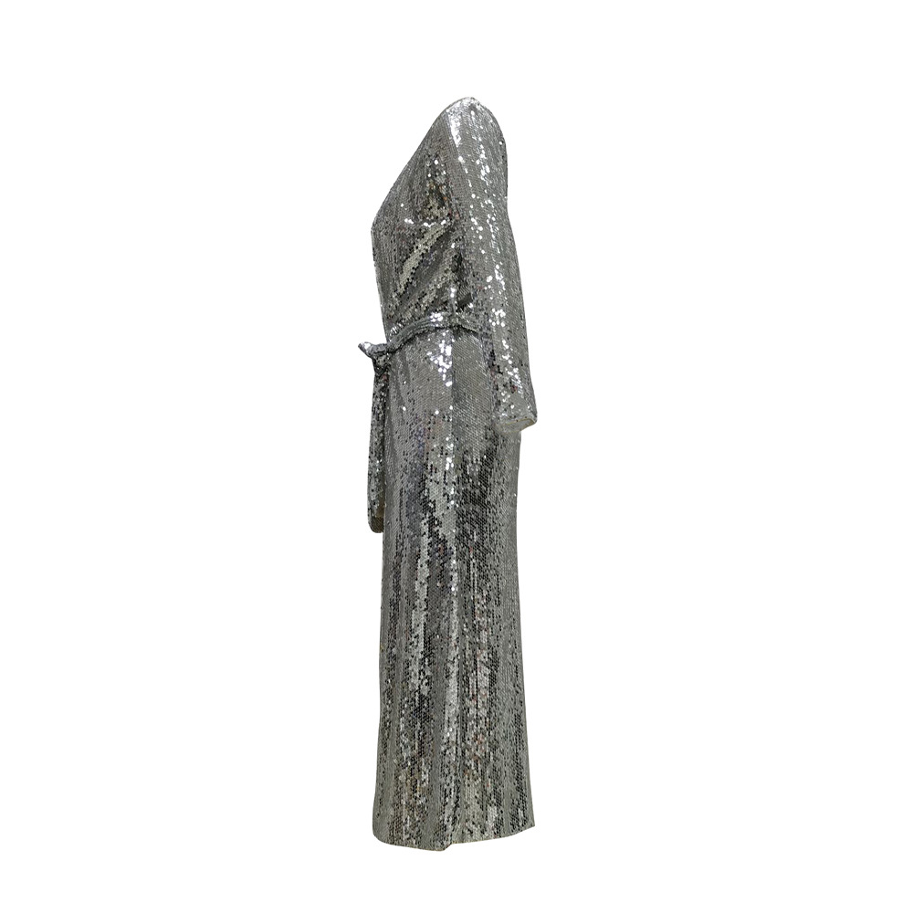 Casual Silver Sequined Long Coat Including Belt NSTRS94561