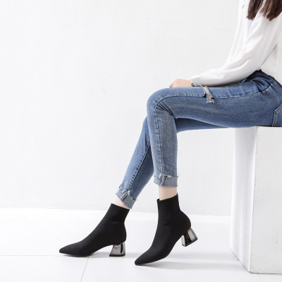 短靴女粗跟中跟尖头及踝靴2019秋冬单靴新款黑色毛线针织弹力袜靴|ms