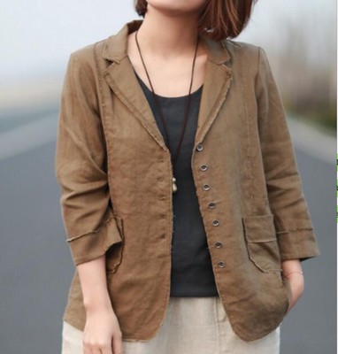 韩版小西服外套女2019新款宽松休闲棉麻七分袖时尚百搭显瘦文艺风