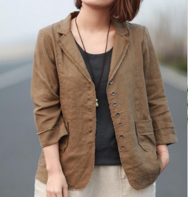 韩版小西服外套女2019新款宽松休闲棉麻七分袖时尚百搭显瘦文艺风