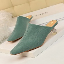 935-2 Korean version comfortable Baotou slippers, transparent crystal heel, high-heeled suede, deep-mouthed square-headed women's slippers