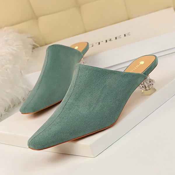 comfortable slippers transparent crystal heel suede deep-mouthed 