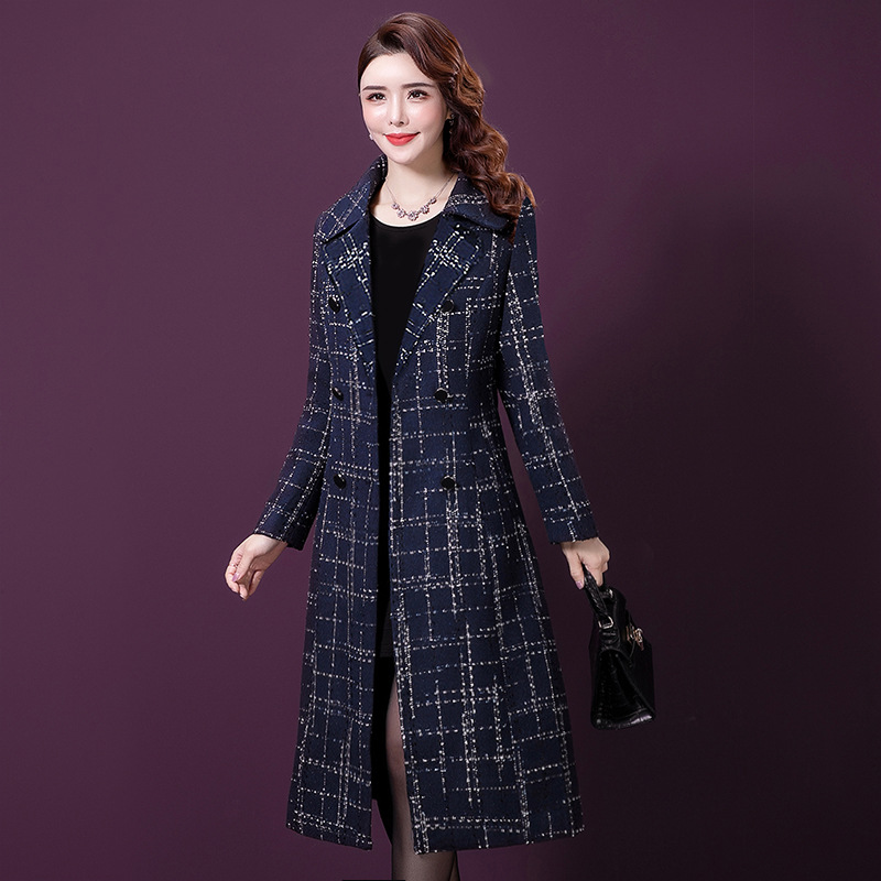 2019秋冬新款大碼媽媽裝 修身顯瘦百搭中長款流行格子毛呢大衣女