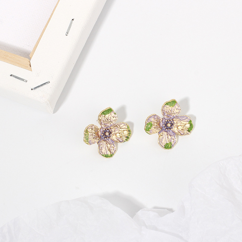 12g Weight Earrings Classification Wedding, Travel Occasion Women'S Gender Purple, Yellow Color Korean Fashion Dripping Oil Flower Earrings 3