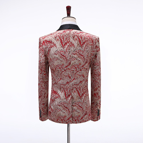 men's jazz dance suit blazers Three piece suit for men wine red jacquard and blue fruit collar