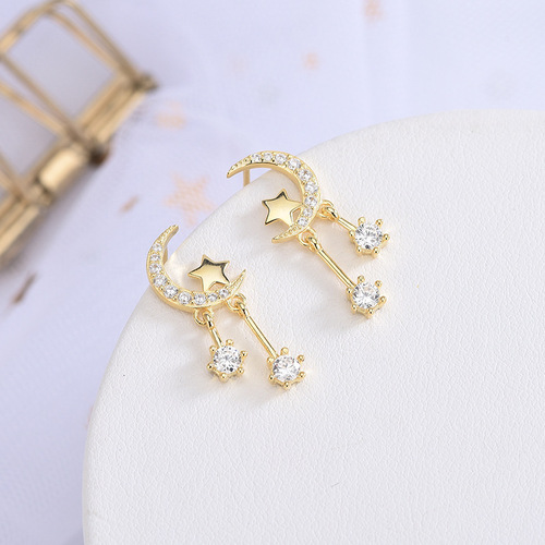 s925 silver Korean version star moon tassel earrings zircon face slimming earrings dropshipping