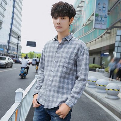 春季新款长袖方格子棉衬衫日系学院风衬衣外搭翻领修身衬衣轻休闲|ru