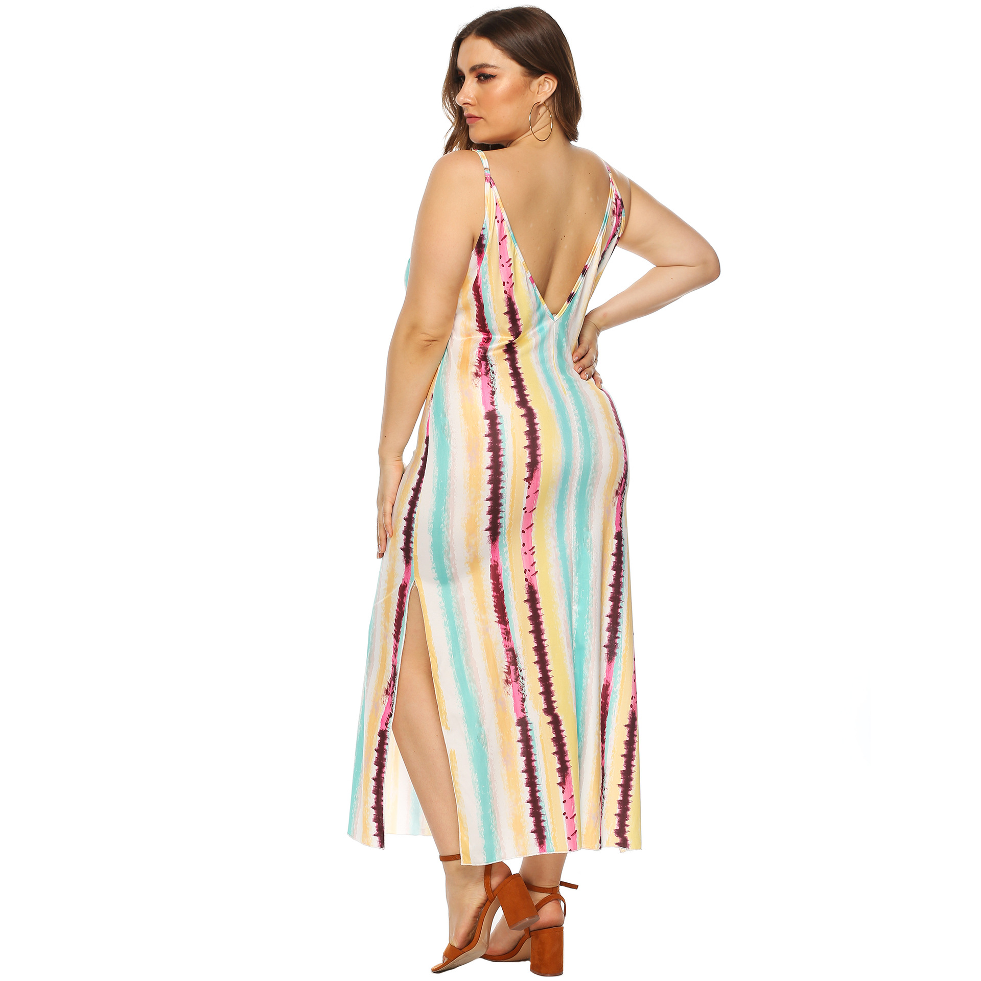 plus size stripe printing sexy open back dress NSOY45960