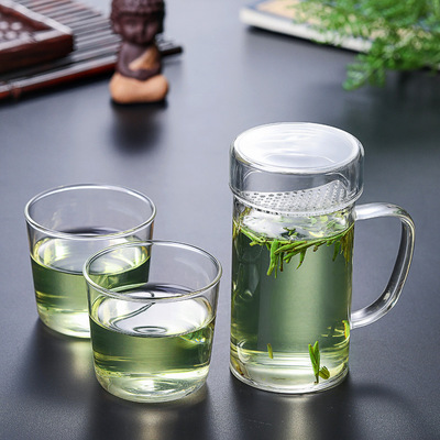 耐热玻璃手工月牙过滤绿茶专用杯特厚懒人创意风帆透明一体杯带盖|ru