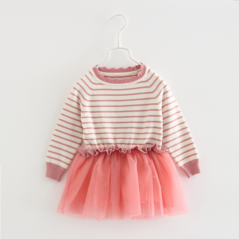 Vestido de suéter de primavera y otoño para niñas Vestido de princesa de encaje a rayas europeo y americano falso falda de dos piezas para niños de lana