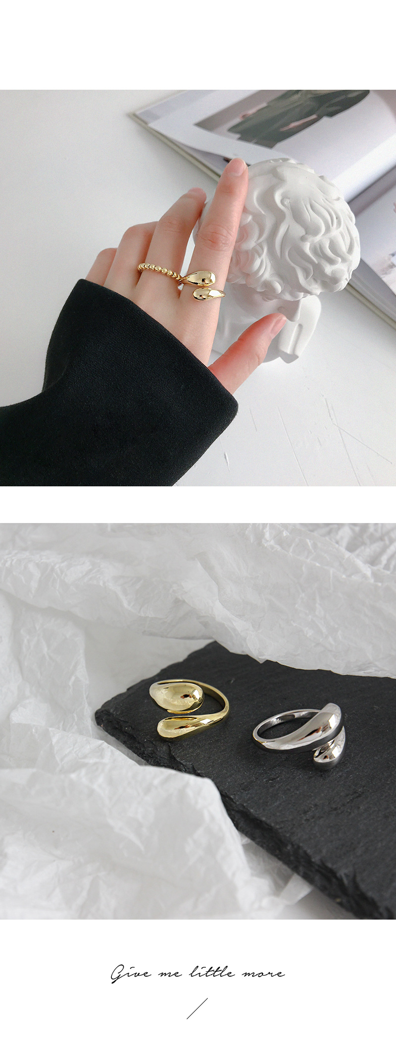 Jt307 Korean Style S925 Sterling Silver Ring Cold Style Minimalist Glossy Water Drop Open-End Ring f