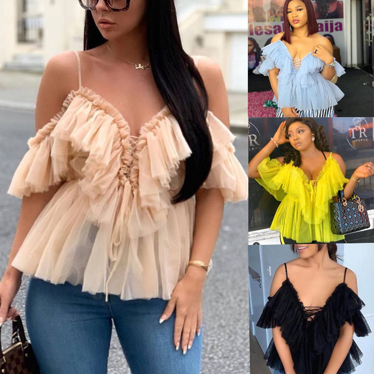 2019 European and American Women's Spring and Summer Sexy Mesh AliExpress Fashion Women's Small Sling Top Short