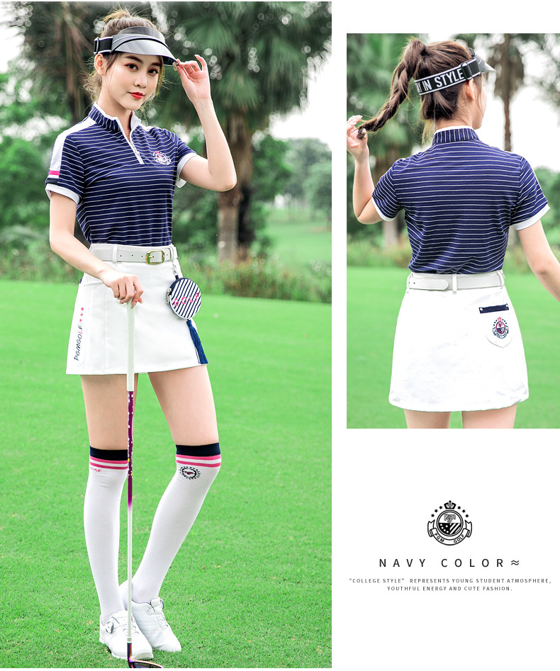 Bộ đồ golf nữ tay ngắn sọc mùa hè — YF075-màu xanh đậm, YF186 nữ sọc ngắn tay màu hồng trắng, YF186 nữ tay ngắn sọc xanh đậm trắng, YF075-màu đỏ hoa hồng chi tiết 7