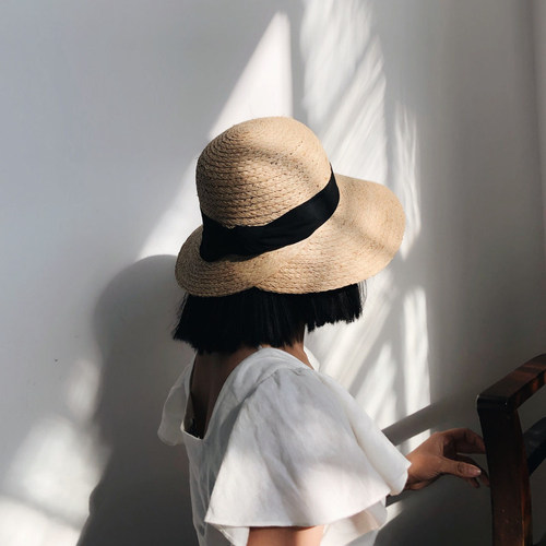 Spring and Summer New Lafite Grass After along Butterfly Knot Straw Hat for Women, Foldable Beach Sun Hat, Large Brim Sunshade Fisherman's Bucket Hat