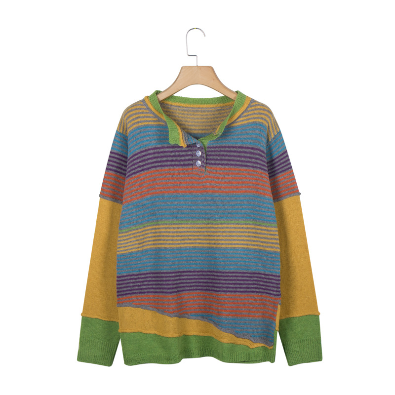 new multicolor stitching striped long-sleeved sweaters NSLK11355