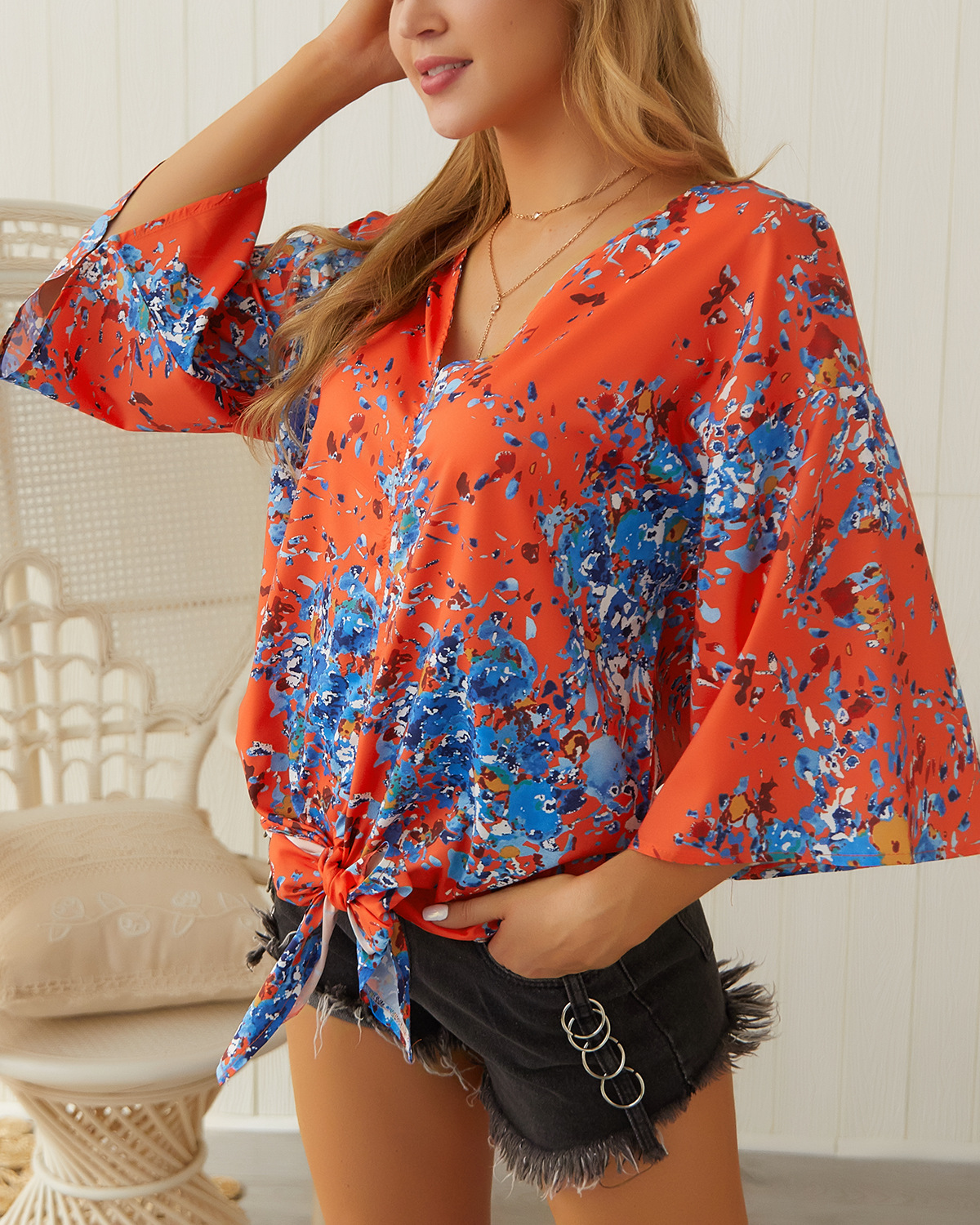 new digital printing large size strappy chiffon top  NSDY34889