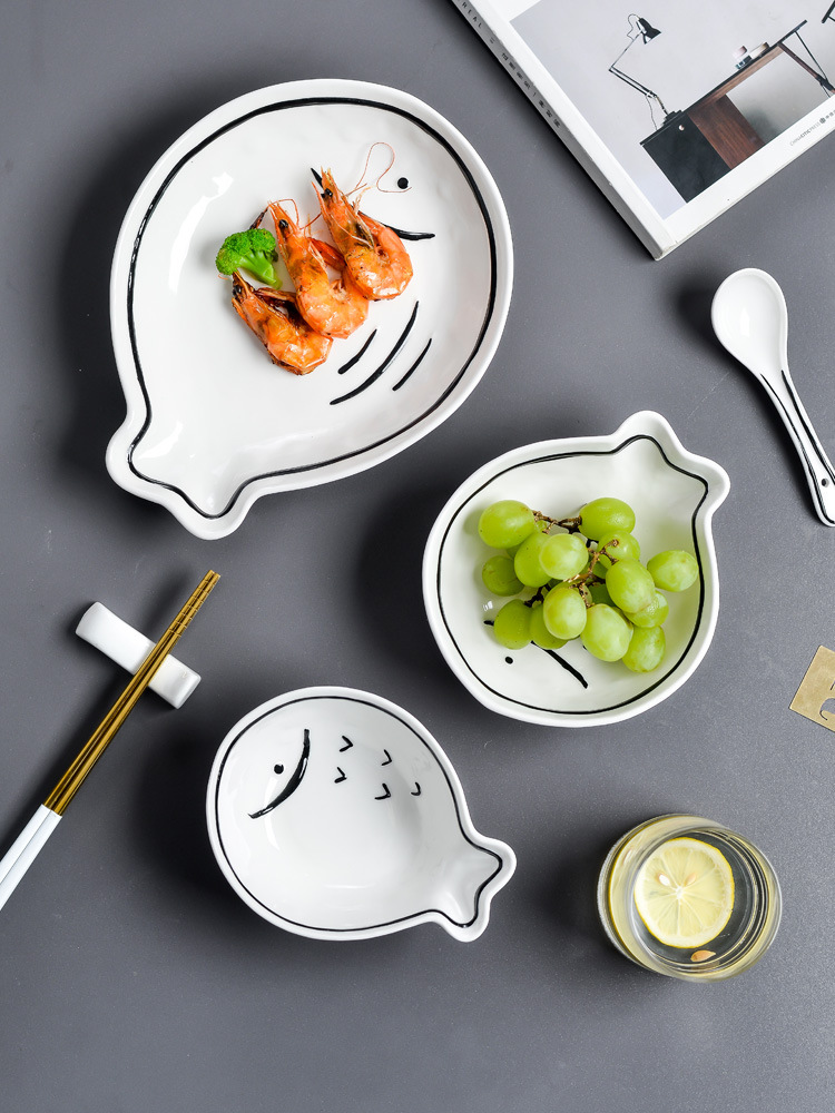 Japonés gato y pescado lindo creativo tazón de dibujos animados traje de cerámica ensalada tazón de verduras y frutas gran plato único