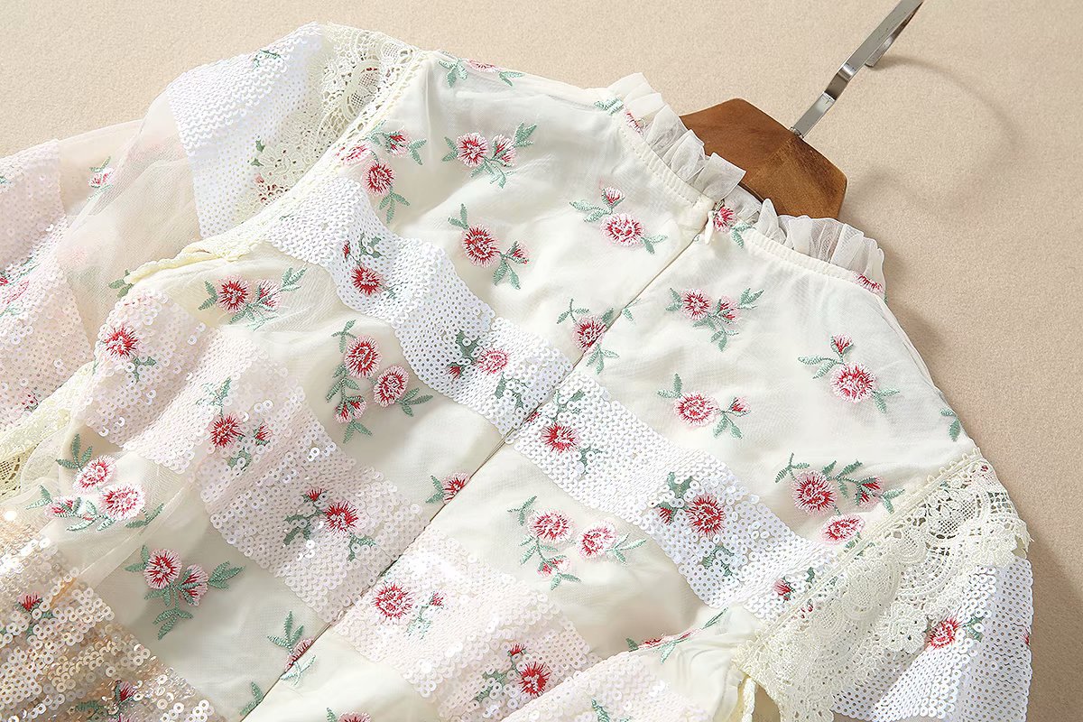 1219-05 珠片绣小花连衣裙码数SMLXL颜色蓝色杏粉色