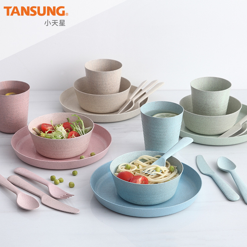 Spot Wheat Straw Tableware Wheat Straw Tableware Set Cups, Dishes, Cutlery, Forks and Spoons Set Anti-Fall Dishes and Plates Wholesale