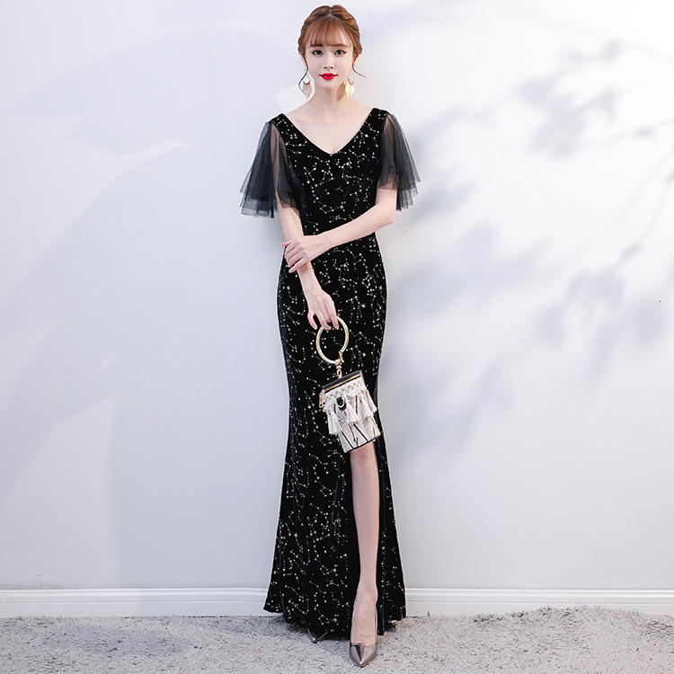 Evening Dresses cocktail party banquet dress vestido de banquete de cóctel Evening dress female V-neck Party Dress Black fishtail long meeting evening dress