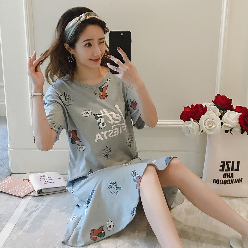 睡裙女夏季短袖薄款棉质睡衣夏天宽松胖mm加大码妈妈家居服中裙|ru
