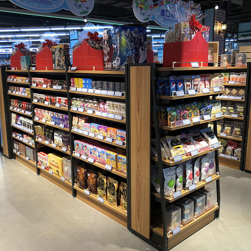 厂家超市货架便利店食品木质单双面展示架母婴零食店中岛钢木货柜