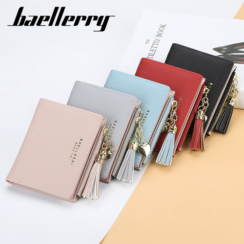 baellerry wallet women's short Korean style multi-card buckle coin purse cross pattern tassel zipper women's bag
