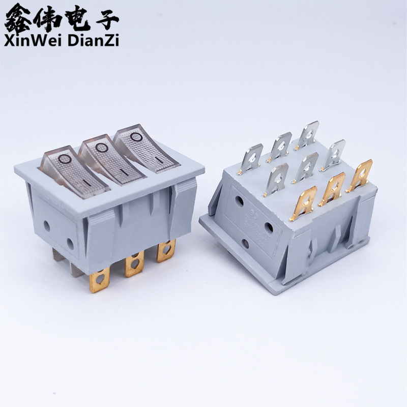 厂家直销 船型开关灰色KCD9三联 两档九脚带灯 三档九脚实心红