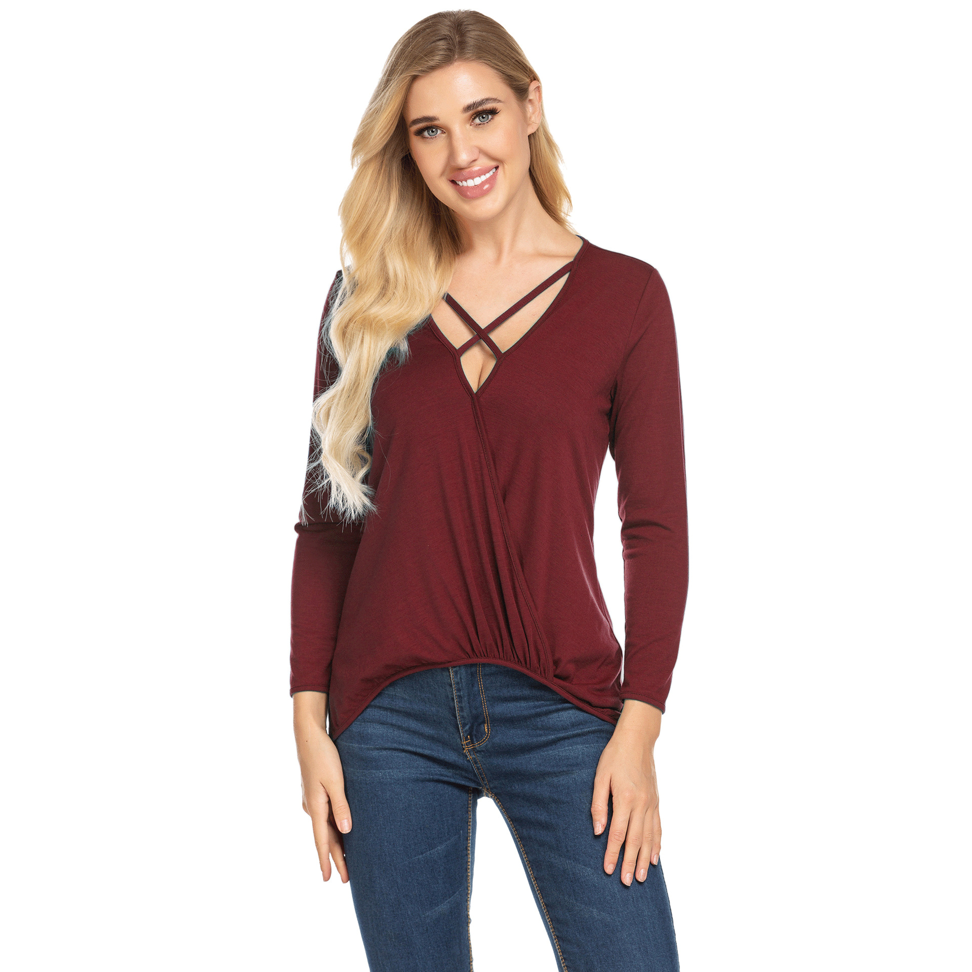 亚马逊ebay跨境女士v领针织t恤套头衫彩棉长袖纯色T恤女装上衣