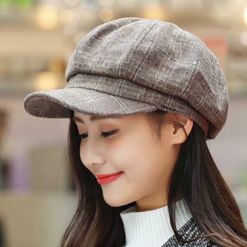 Beret women's autumn and winter British painter's hat men's Korean peaked cap women's Korean style versatile Japanese plaid octagonal hat