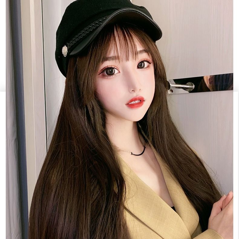 Peluca de las mujeres de pelo largo sombrero peluca integrado Moda Red sombrero de pelo de la marina sombrero de otoño e invierno de pelo largo y recto se puede dividir