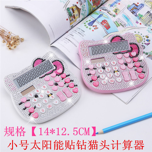 Cute Kitty Cat Head Crystal Calculator Cartoon KT-2288 Bow Tie Solar Calculator with Diamonds