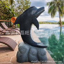 厂家直销石雕海豚  园林景观芝麻黑海豚  喷水动物海洋馆装饰摆件