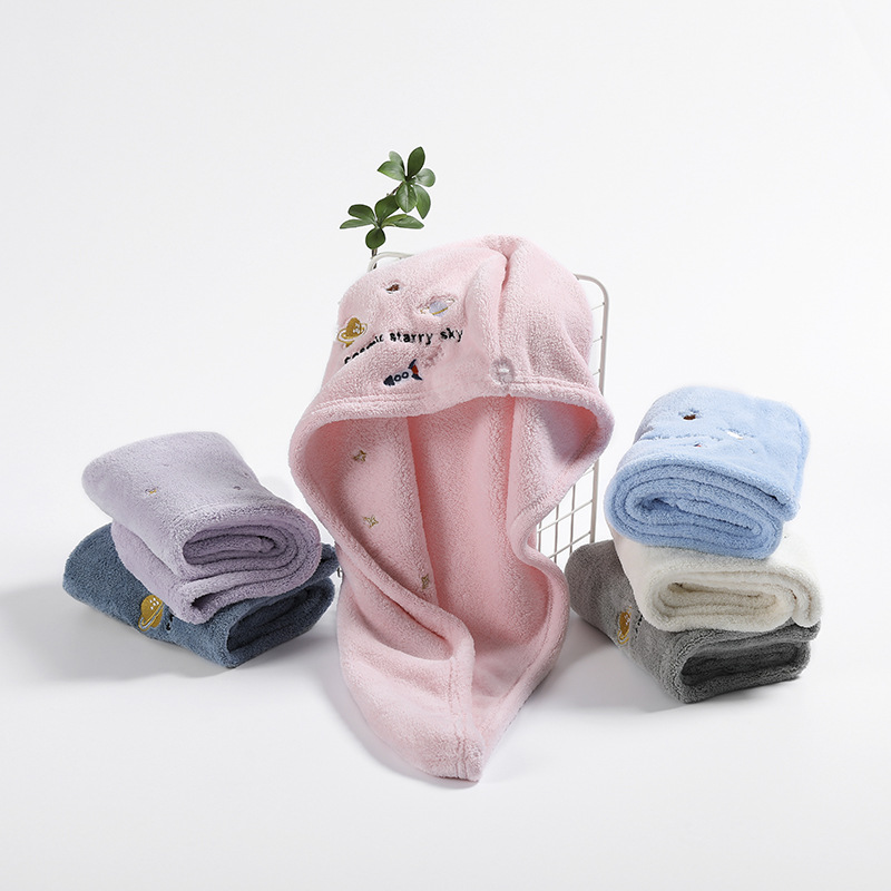 Factory direct supply polyester brocade coral velvet absorbent hair drying cap cute embroidered adult hair drying cap absorbent drying hair towel wholesale