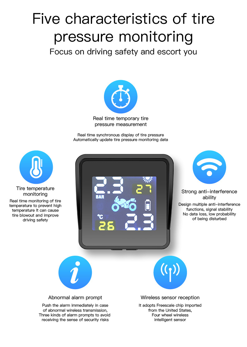 Motorcycle Smart Tire Pressure Monitor Locomotive Wireless Solar Tire Pressure Monitor TPMS Digital Tire Pressure Monitoring