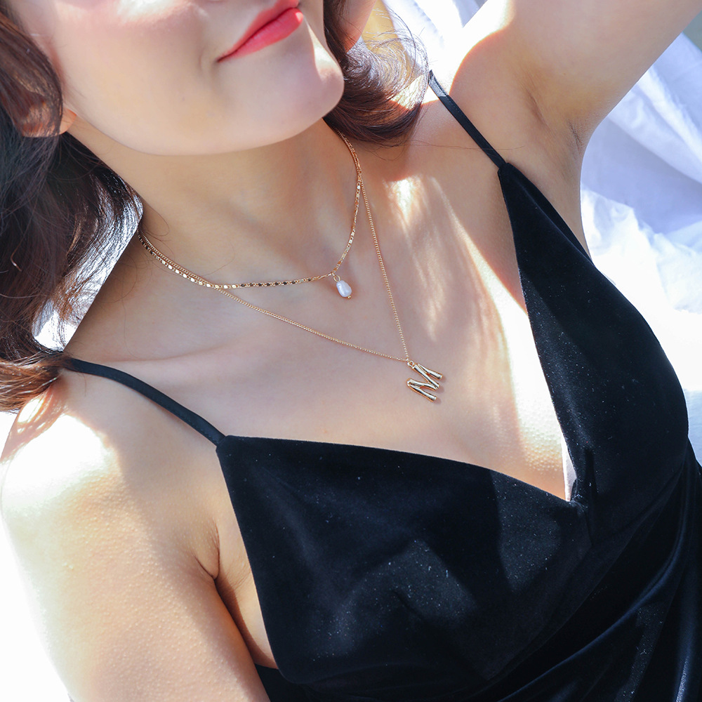 Fashion Letter Multilayer Metal Flat Chain Natural Pearl Necklacepicture2