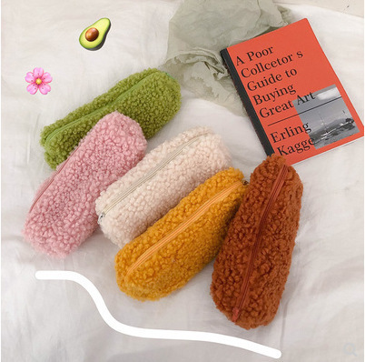Korean style ins internet celebrity simple small fresh lamb plush pen bag avocado green student cute stationery storage bag