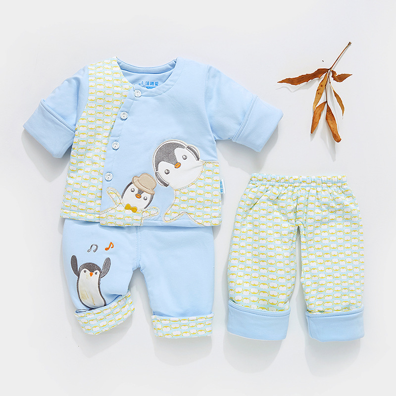 婴儿春装男女宝宝薄棉衣套装0-1岁新生儿衣服纯棉平腰三件套夹棉|ru