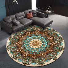 跨境欧式民族风蓝棕驼色曼陀罗花卉圆形客厅卧室防滑地垫地毯