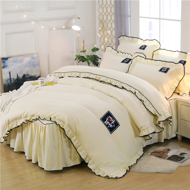 Solid color skin friendly cotton thickened matte bed skirt 4-piece Princess Ruffle lace quilt cover non slip bed cover 4